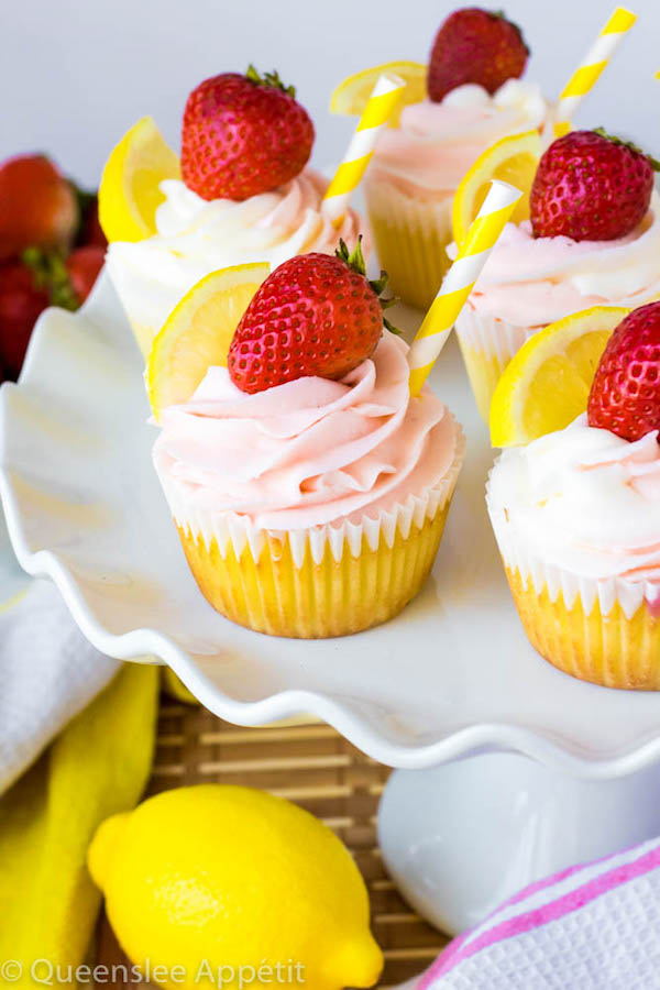These Strawberry Lemon Cupcakes start with a moist, light and fluffy lemon cupcake that’s filled with homemade strawberry sauce and topped with fresh lemon and strawberry frosting.