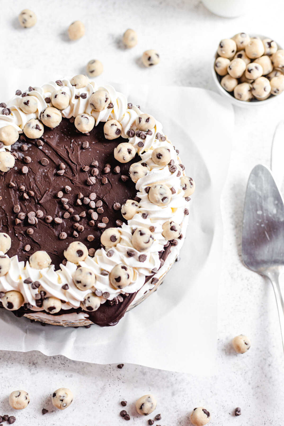 top view of ice cream cake topped with cookie dough