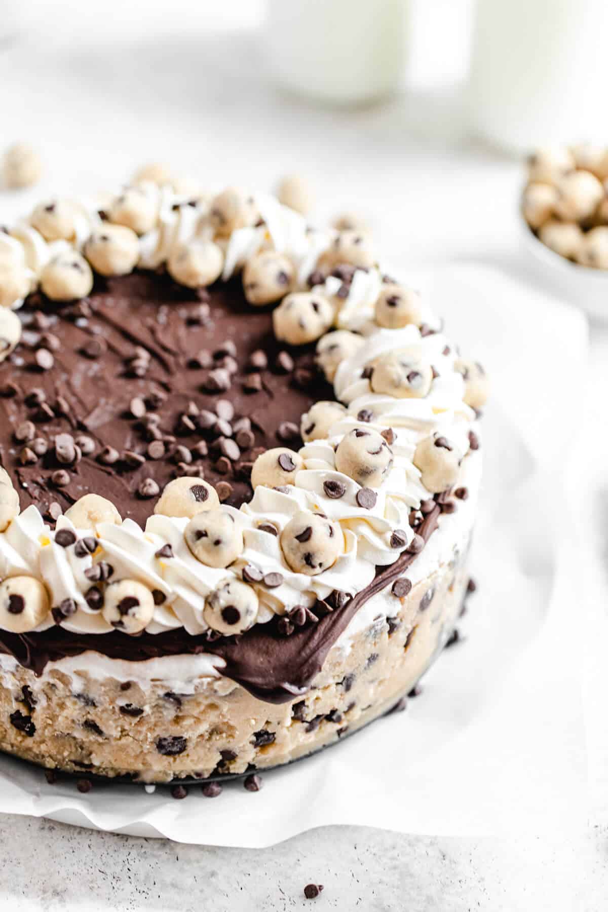 ice cream cake on a parchment covered platter