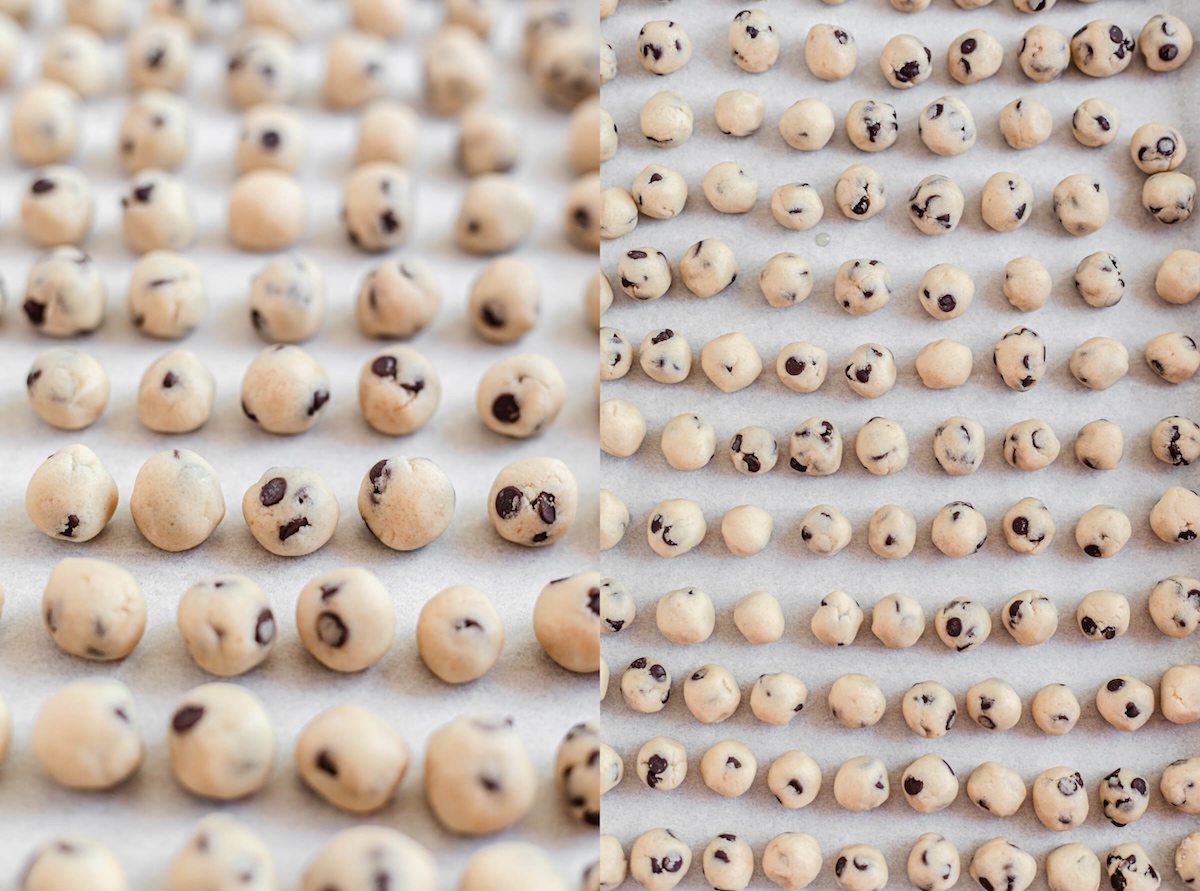 two photos of mini cookie dough balls on parchment paper