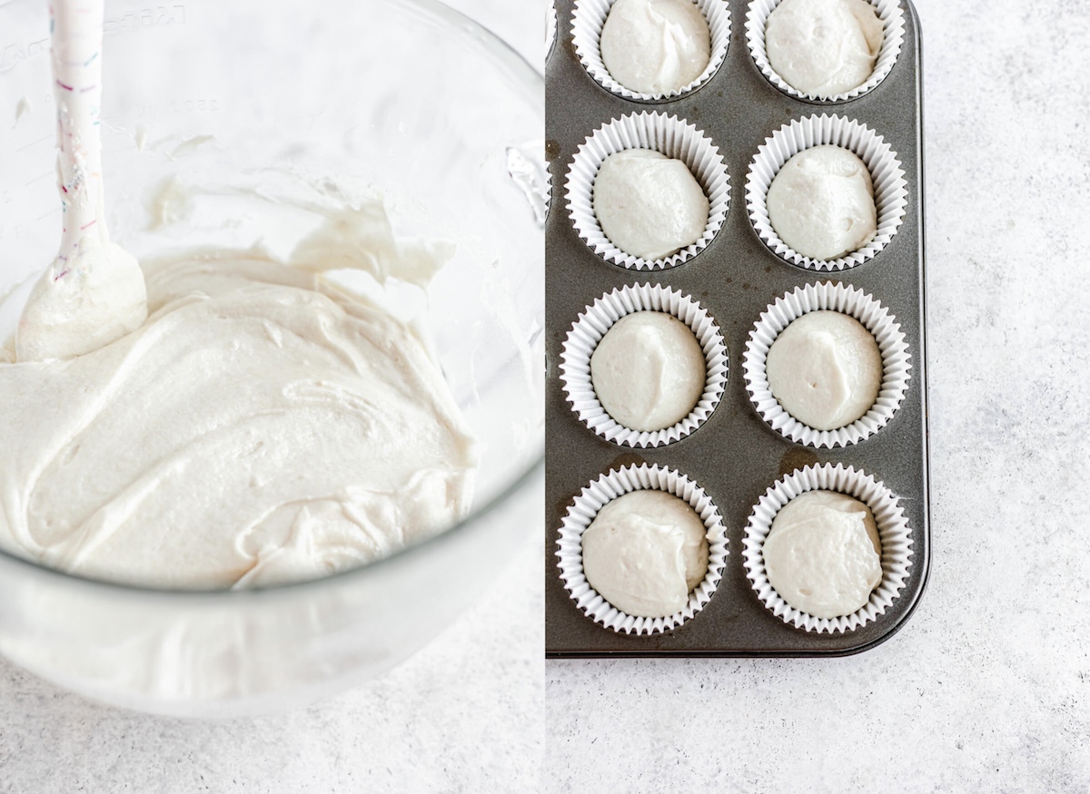 two photo collage of cupcake batter in a bowl with a rubber spatula and cupcake batter in paper liners