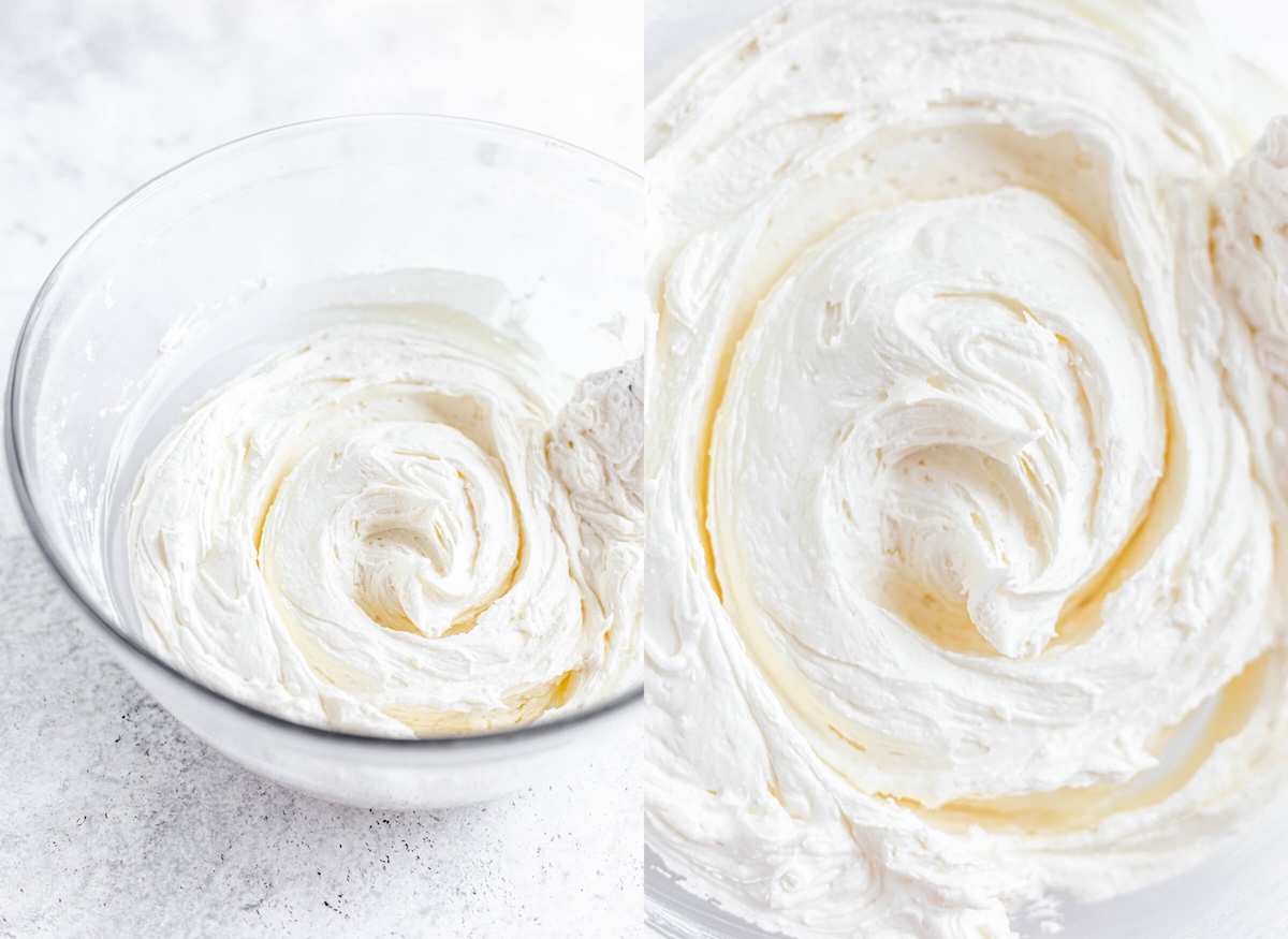 buttercream in a bowl and a close up image on the right