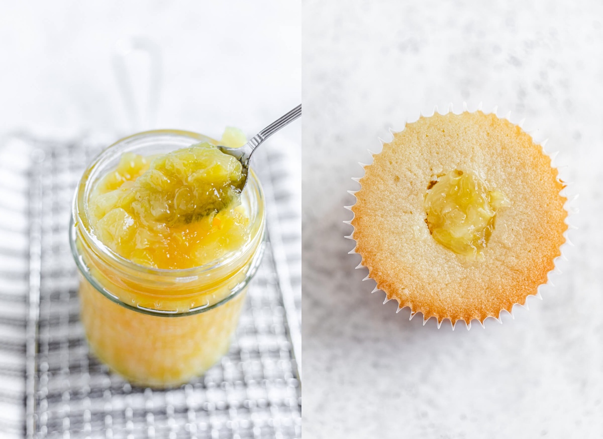 pineapple filling in a jar with a spoon and pineapple filling inside cupcake