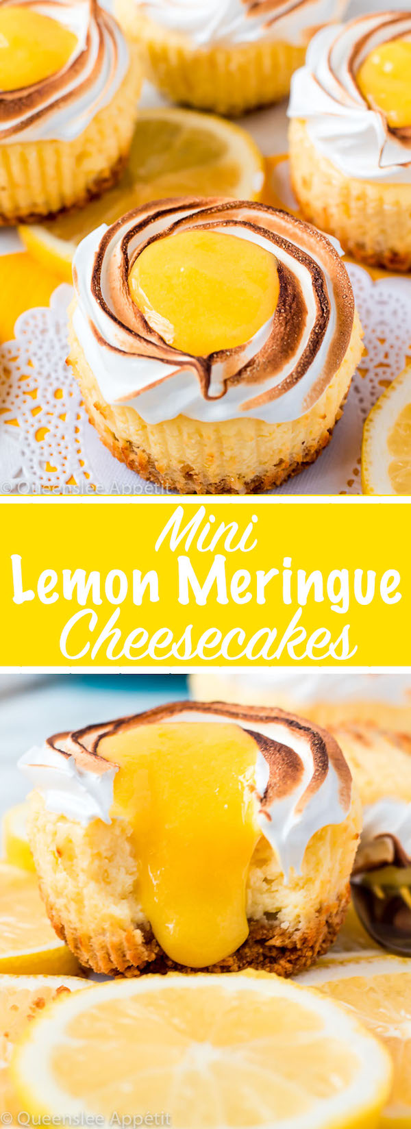 These Mini Lemon Meringue Cheesecakes are incredibly delicious and full of fresh lemon flavour! They’re made with a buttery graham cracker crust, creamy lemon cheesecake filling, and are topped with a ring of toasted meringue with tart lemon curd in the centre. A fun bite-sized treat for summer!