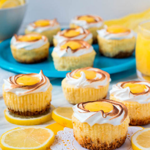 These Mini Lemon Meringue Cheesecakes are incredibly delicious and full of fresh lemon flavour! They’re made with a buttery graham cracker crust, creamy lemon cheesecake filling, and are topped with a ring of toasted meringue with tart lemon curd in the centre. A fun bite-sized treat for summer!