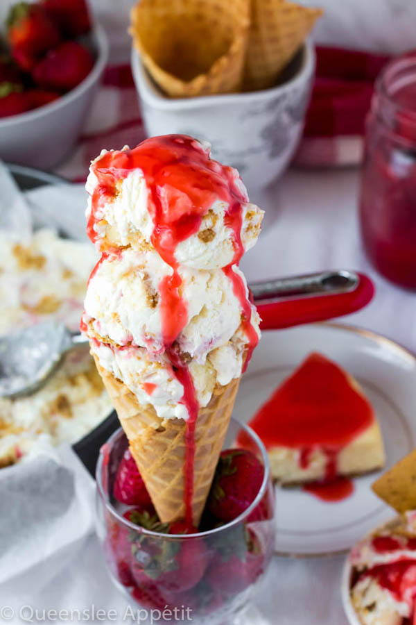 This No-Churn Strawberry Cheesecake Ice Cream consists of a cheesecake flavoured ice cream base that’s loaded with cheesecake and graham cracker pieces and a swirl of sweet homemade strawberry sauce. This simple and delicious dessert just screams summer!