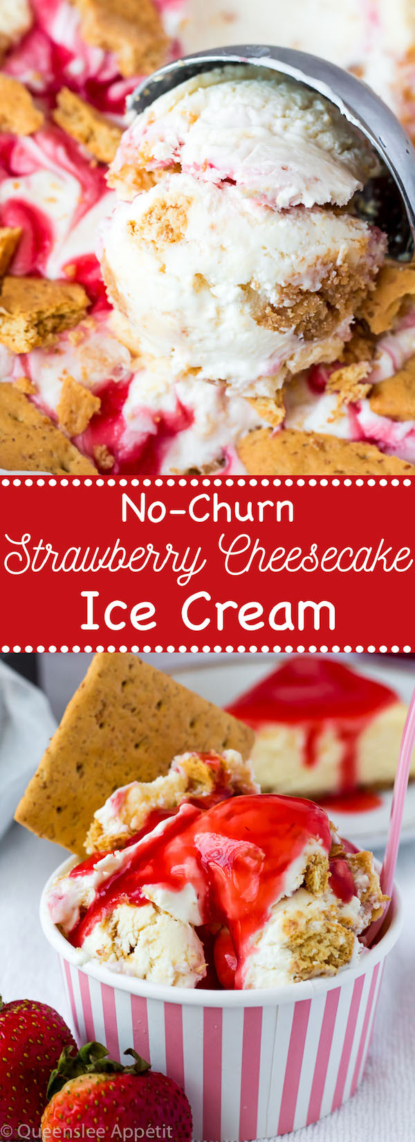 This No-Churn Strawberry Cheesecake Ice Cream consists of a cheesecake flavoured ice cream base that’s loaded with cheesecake and graham cracker pieces and a swirl of sweet homemade strawberry sauce. This simple and delicious dessert just screams summer!