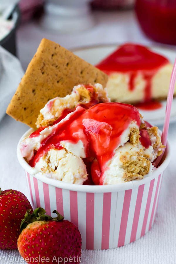 This No-Churn Strawberry Cheesecake Ice Cream consists of a cheesecake flavoured ice cream base that’s loaded with cheesecake and graham cracker pieces and a swirl of sweet homemade strawberry sauce. This simple and delicious dessert just screams summer!