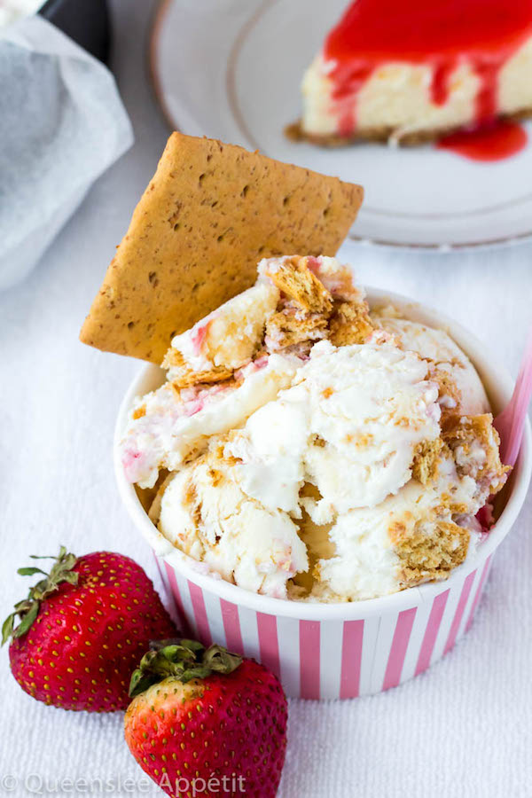 This No-Churn Strawberry Cheesecake Ice Cream consists of a cheesecake flavoured ice cream base that’s loaded with cheesecake and graham cracker pieces and a swirl of sweet homemade strawberry sauce. This simple and delicious dessert just screams summer!