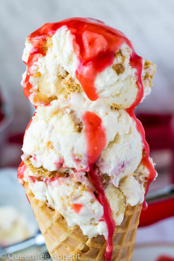 This No-Churn Strawberry Cheesecake Ice Cream consists of a cheesecake flavoured ice cream base that’s loaded with cheesecake and graham cracker pieces and a swirl of sweet homemade strawberry sauce. This simple and delicious dessert just screams summer!