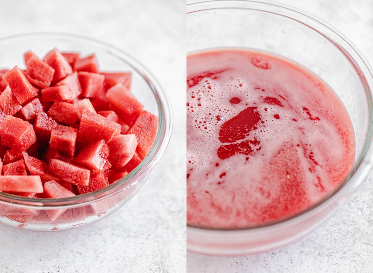 chunks of watermelon in one photo and pureed watermelon in the second photo