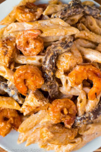 Cajun Shrimp Chicken and Steak Alfredo Pasta ~ Recipe | Queenslee