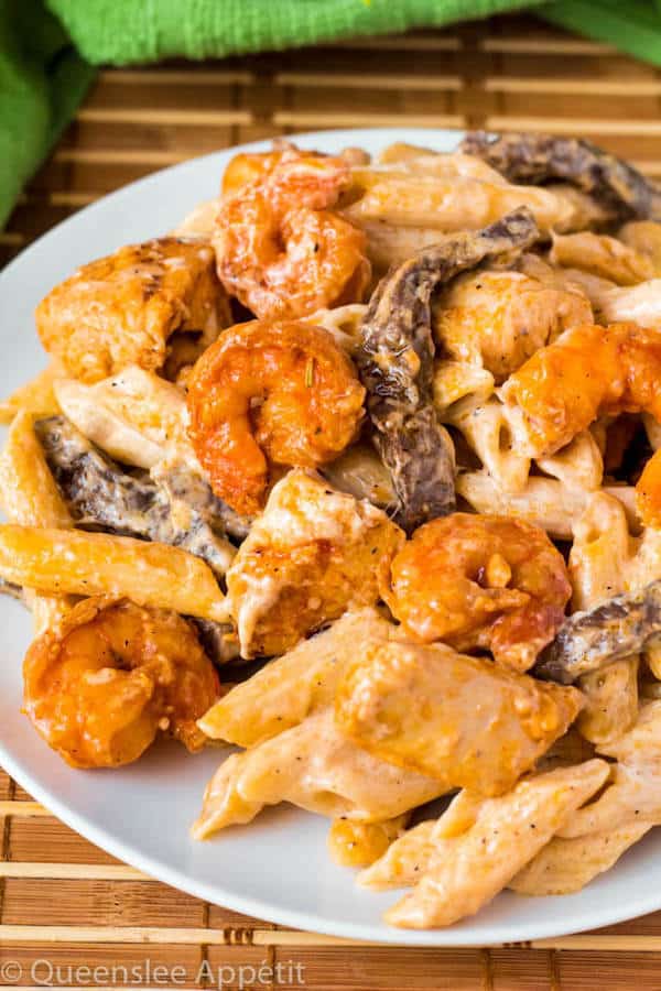 Cajun Shrimp Chicken and Steak Alfredo Pasta ~ Recipe | Queenslee