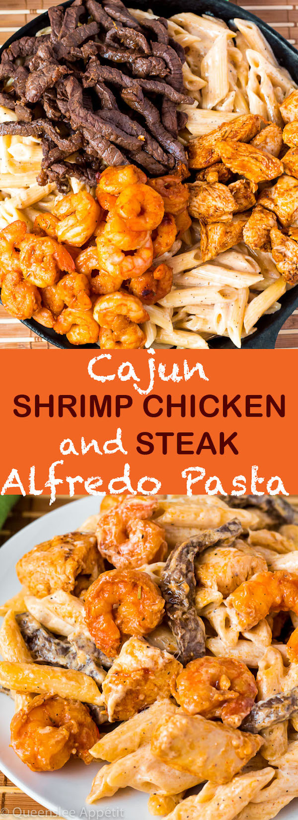 This Cajun Shrimp Chicken and Steak Alfredo Pasta is made with penne pasta, cajun flavoured shrimp, chicken and steak all coated in a creamy Alfredo sauce. An easy weekday dinner jam-packed with loads of flavour in every bite! 