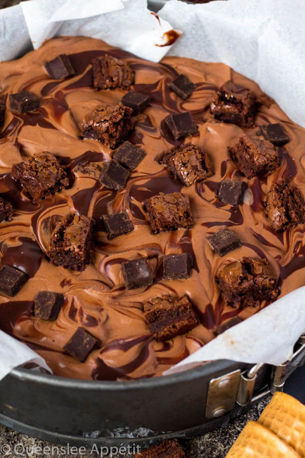 This No-Churn Brownie Fudge Swirl Ice Cream is for hardcore chocolate lovers only. This rich and creamy chocolate ice cream is loaded with chocolate chunks, chunks of brownies and swirled with silky ganache! 