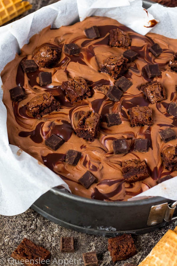 This No-Churn Brownie Fudge Swirl Ice Cream is for hardcore chocolate lovers only. This rich and creamy chocolate ice cream is loaded with chocolate chunks, chunks of brownies and swirled with silky ganache! 