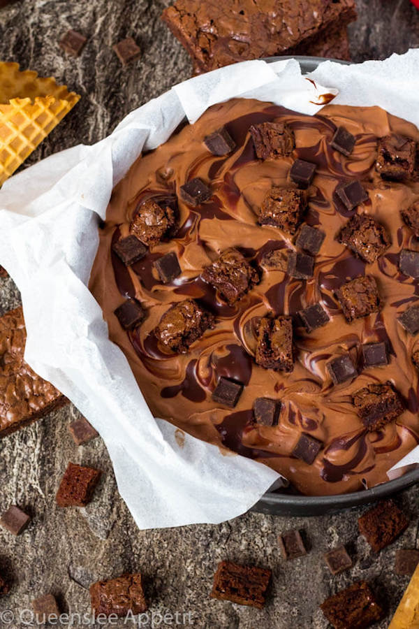 This No-Churn Brownie Fudge Swirl Ice Cream is for hardcore chocolate lovers only. This rich and creamy chocolate ice cream is loaded with chocolate chunks, chunks of brownies and swirled with silky ganache! 