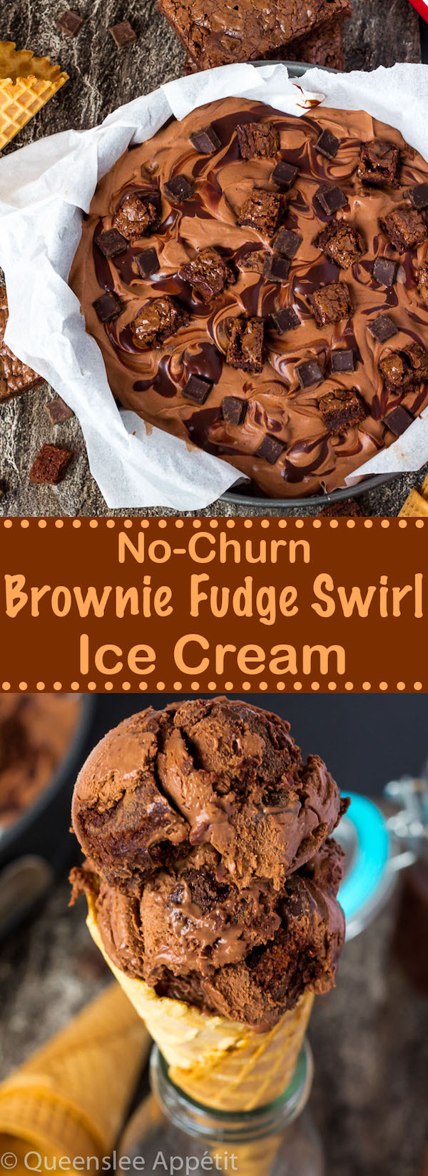 This No-Churn Brownie Fudge Swirl Ice Cream is for hardcore chocolate lovers only. This rich and creamy chocolate ice cream is loaded with chocolate chunks, chunks of brownies and swirled with silky ganache! 