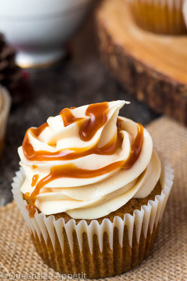 Pumpkin Cupcakes with Salted Caramel Cream Cheese Frosting