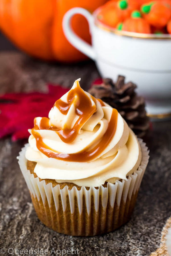 Pumpkin Cupcakes with Salted Caramel Cream Cheese Frosting