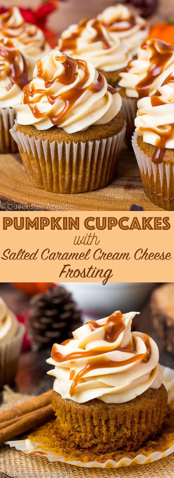 These Pumpkin Cupcakes are made with a moist pumpkin cupcake filled with salted caramel sauce and topped with a delicious Salted Caramel Cream Cheese Frosting. A perfect and fun dessert for the fall season!