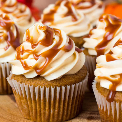 Pumpkin Cupcakes with Salted Caramel Cream Cheese Frosting