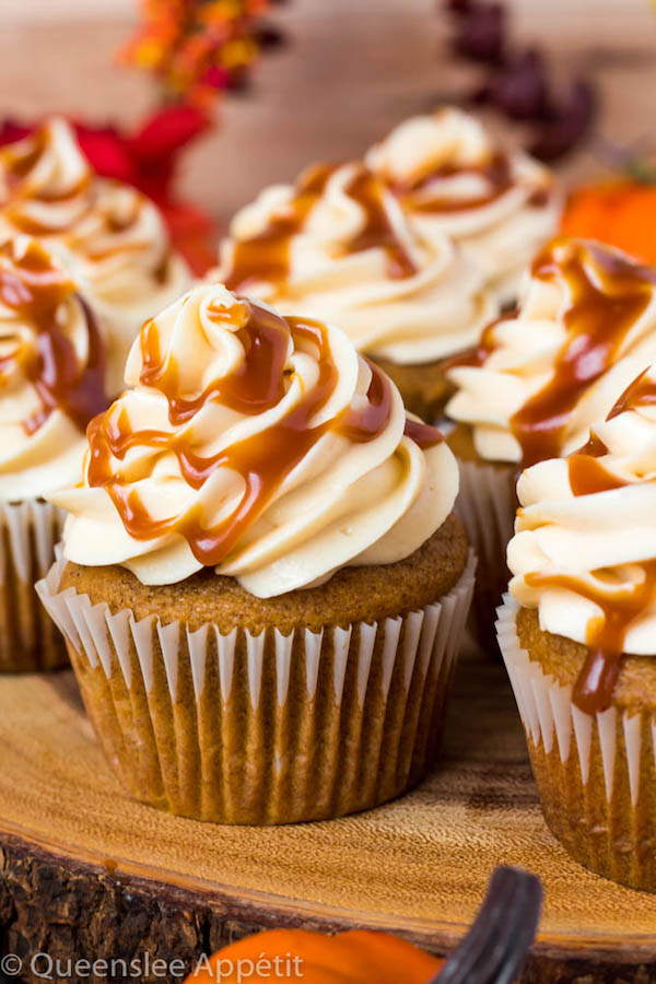 Pumpkin Cupcakes with Salted Caramel Cream Cheese Frosting