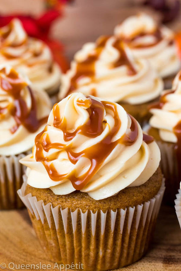 Pumpkin Cupcakes with Salted Caramel Cream Cheese Frosting