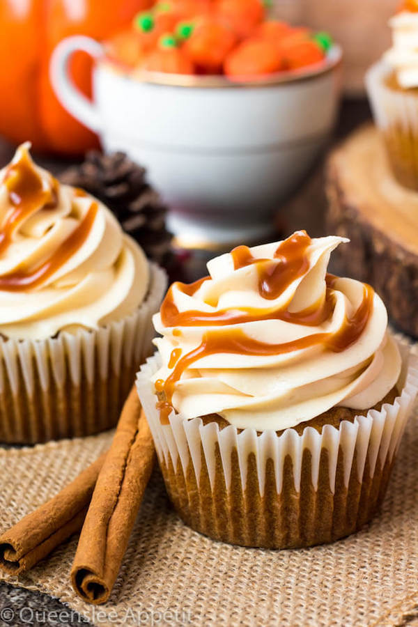 Pumpkin Cupcakes with Salted Caramel Cream Cheese Frosting