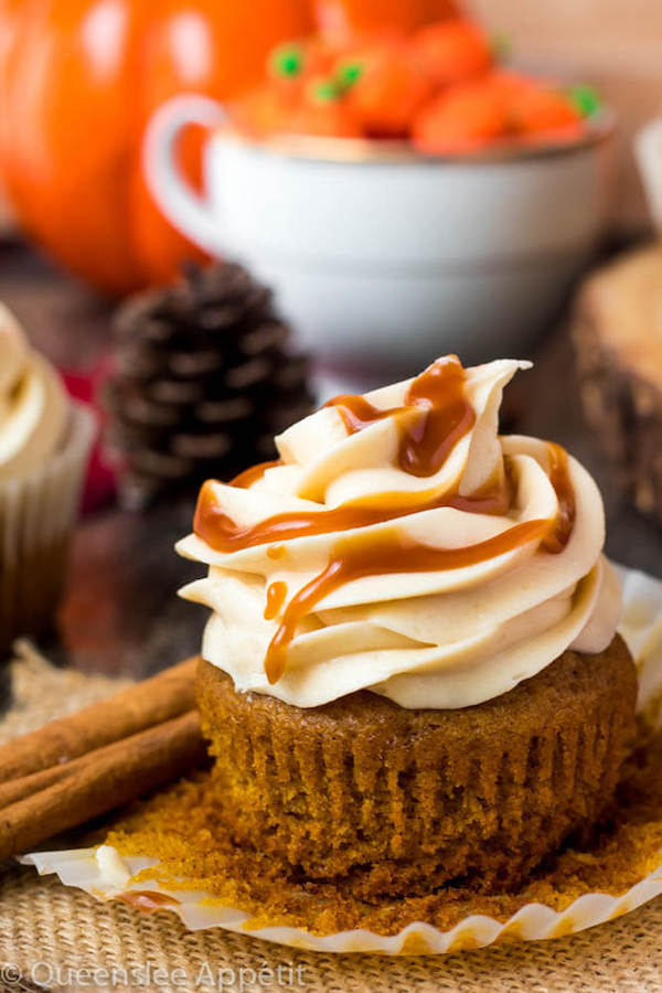 Pumpkin Cupcakes with Salted Caramel Cream Cheese Frosting