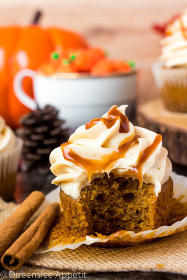 Pumpkin Cupcakes with Salted Caramel Cream Cheese Frosting