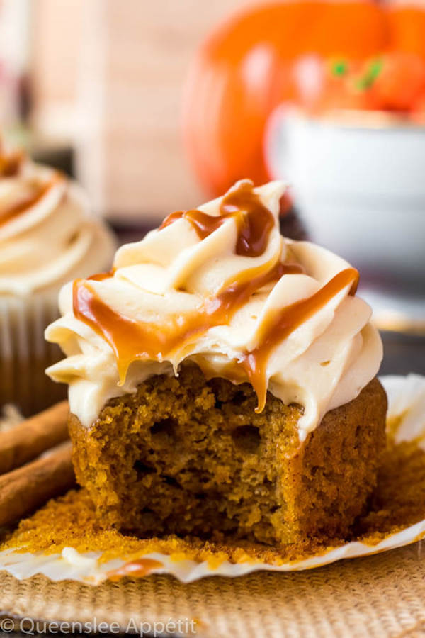 Pumpkin Cupcakes with Salted Caramel Cream Cheese Frosting