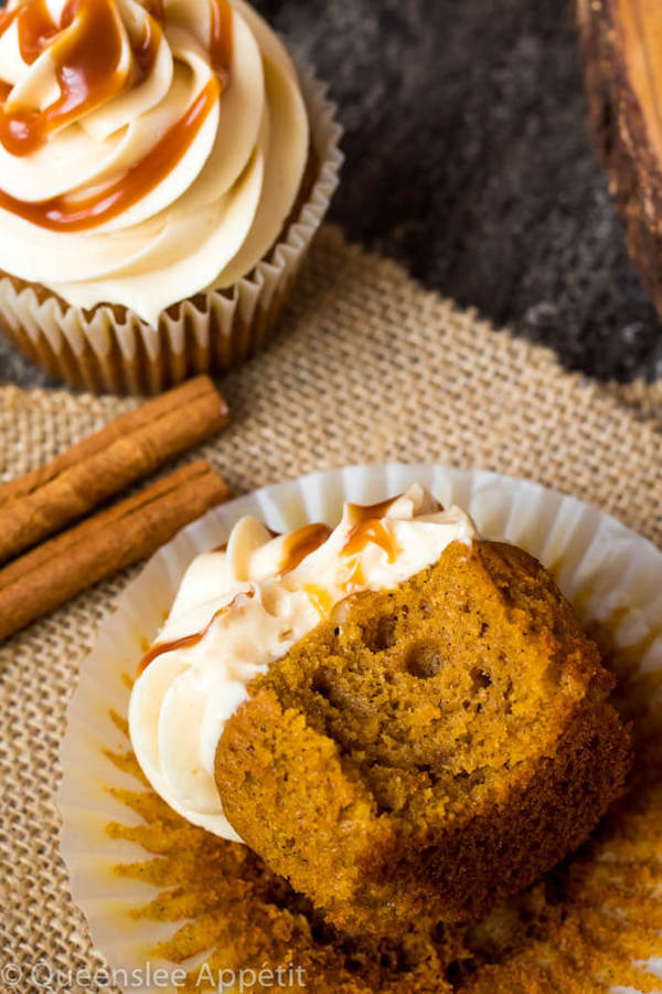 Pumpkin Cupcakes with Salted Caramel Cream Cheese Frosting