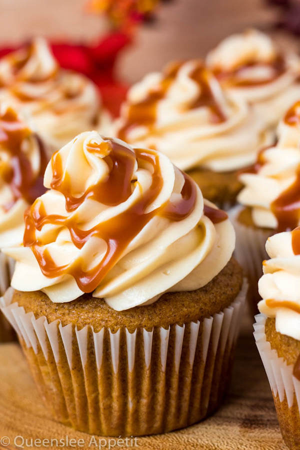 Pumpkin Cupcakes with Salted Caramel Cream Cheese Frosting