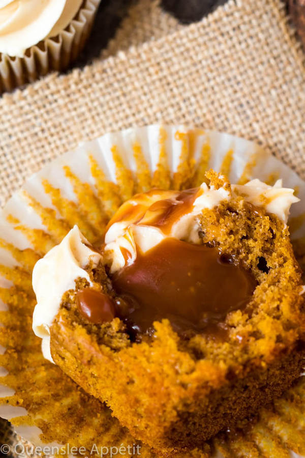 Pumpkin Cupcakes with Salted Caramel Cream Cheese Frosting and Salted Caramel Sauce Filling