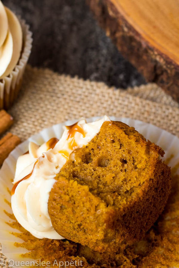 Pumpkin Cupcakes with Salted Caramel Cream Cheese Frosting