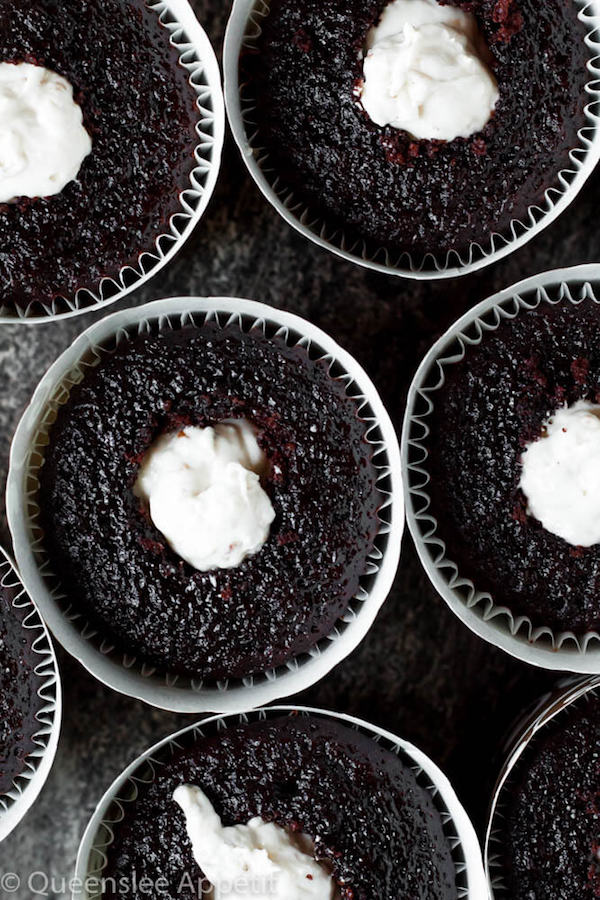 Malt Chocolate Cupcakes with Toasted Marshmallow Filling