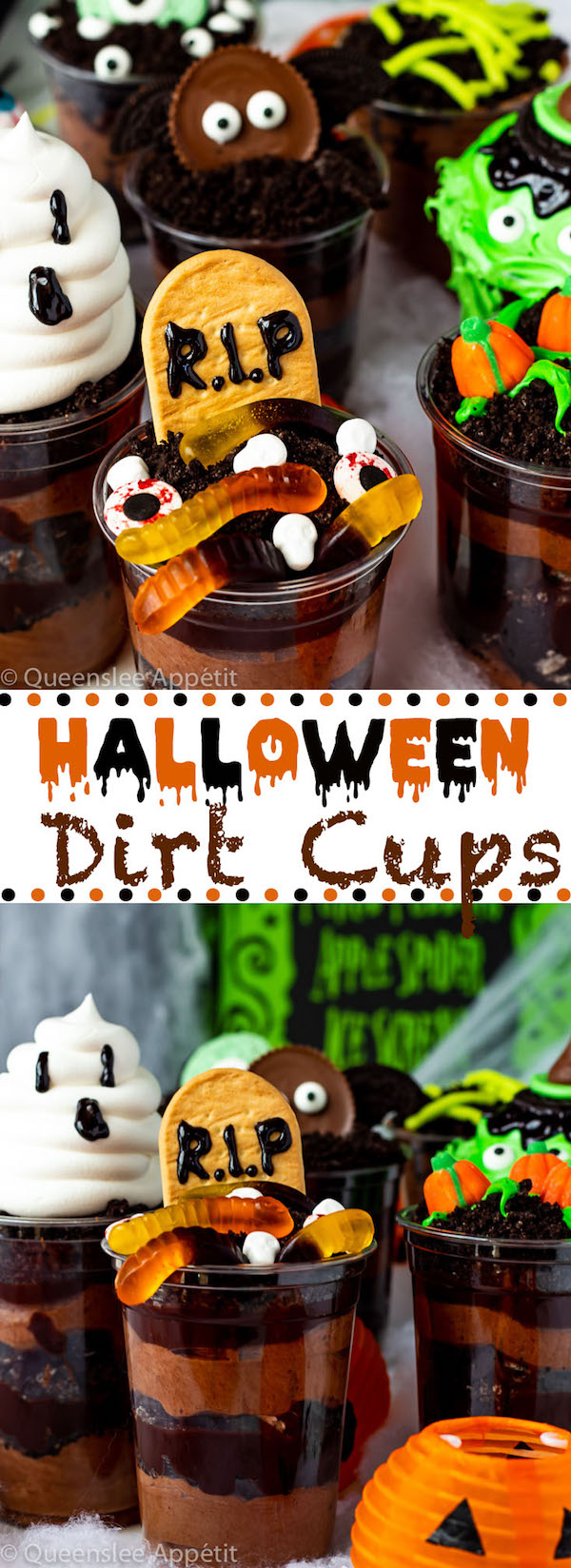 These Halloween Dirt Cups are simple and perfect treats to serve at a Halloween party. They’re super fun and easy enough to make with kids!