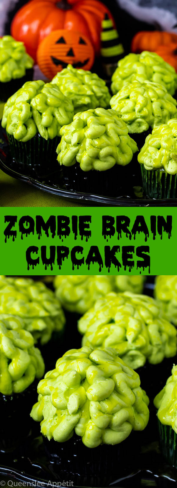 These Zombie Brain Cupcakes are a fun and spook-tacular treat for Halloween. Black Velvet cupcakes are filled with green zombie goo and topped with a delicious buttercream zombie brain! 