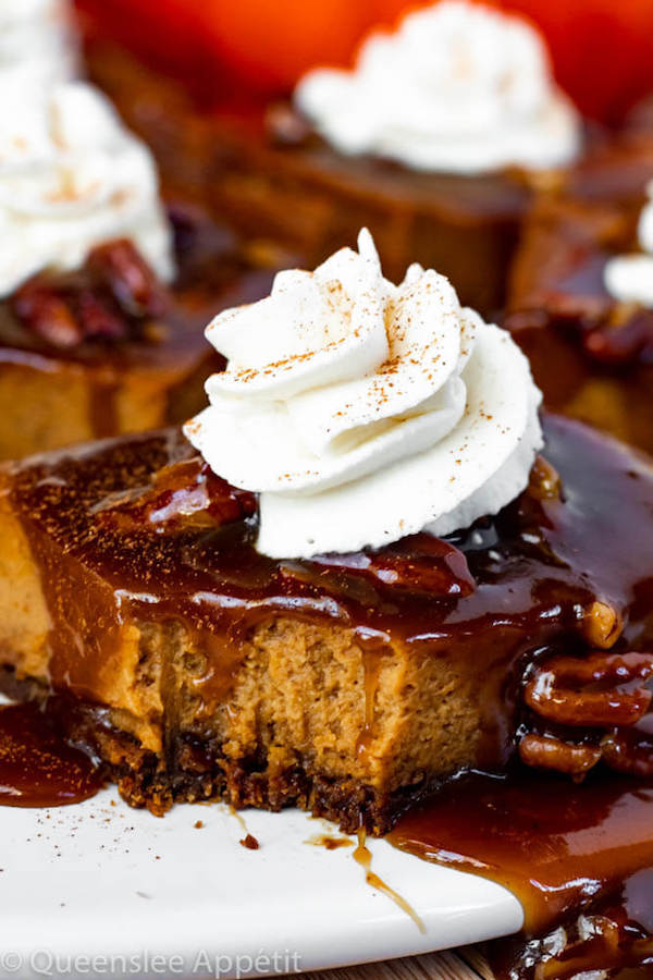 Pumpkin Pie Bars with Maple Pecan Praline Sauce