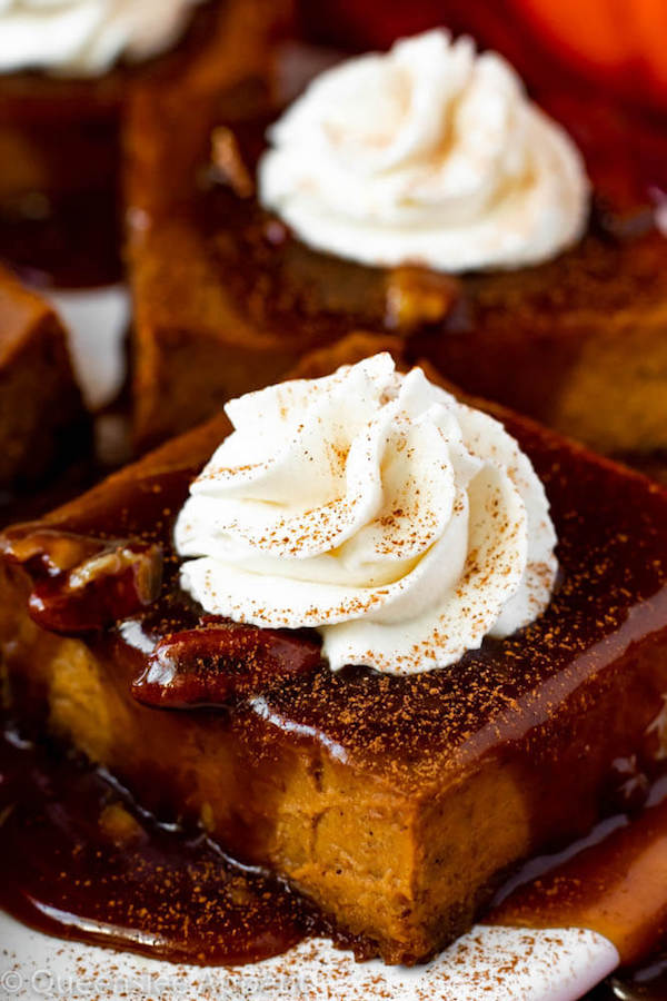 Pumpkin Pie Bars with Maple Pecan Praline Sauce