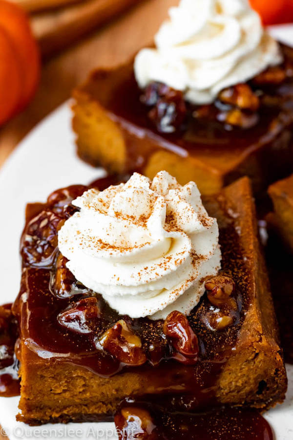 Pumpkin Pie Bars with Maple Pecan Praline Sauce