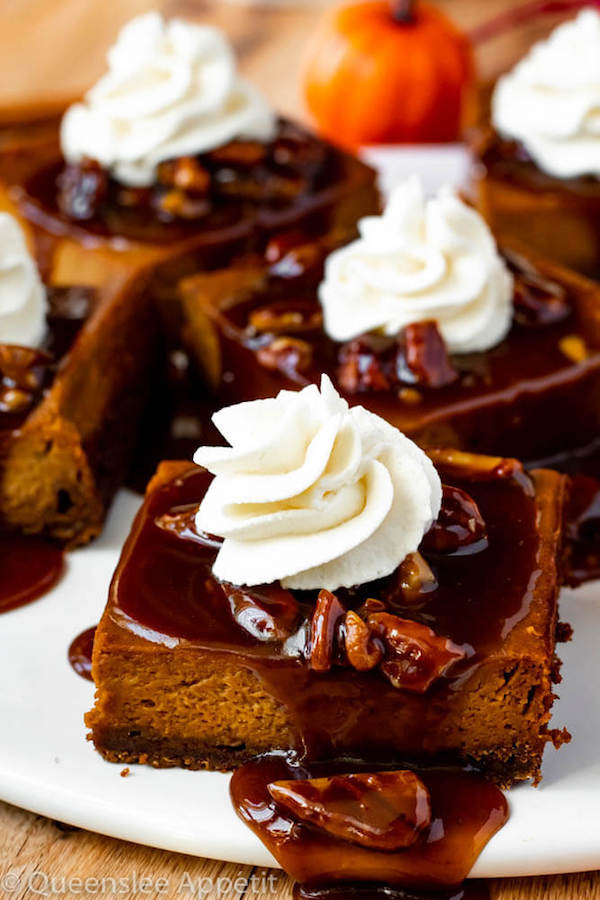 Pumpkin Pie Bars with Maple Pecan Praline Sauce