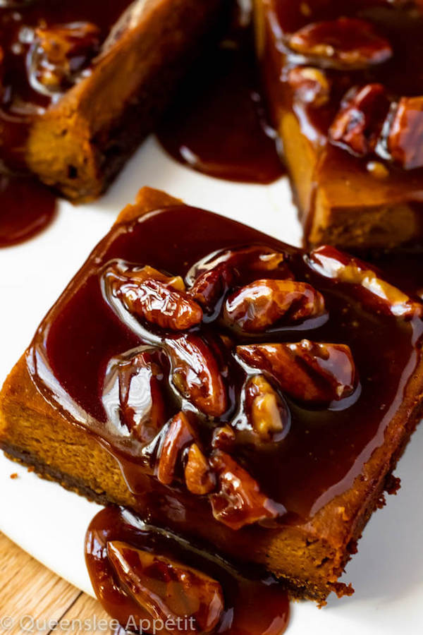 Pumpkin Pie Bars with Maple Pecan Praline Sauce