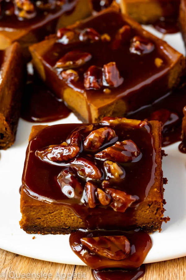 Pumpkin Pie Bars with Maple Pecan Praline Sauce