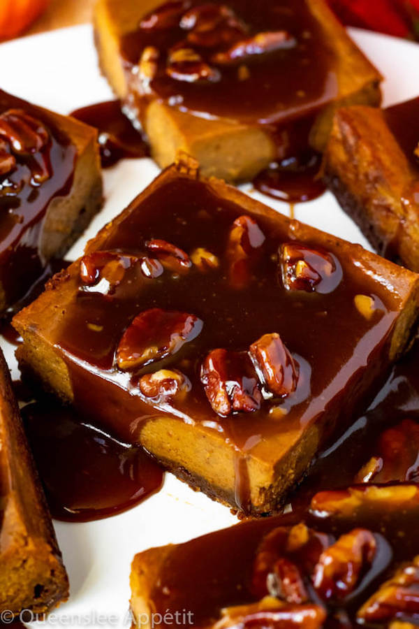 Pumpkin Pie Bars with Maple Pecan Praline Sauce