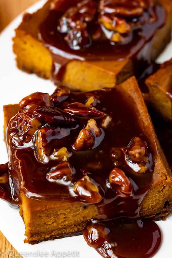 Pumpkin Pie Bars with Maple Pecan Praline Sauce