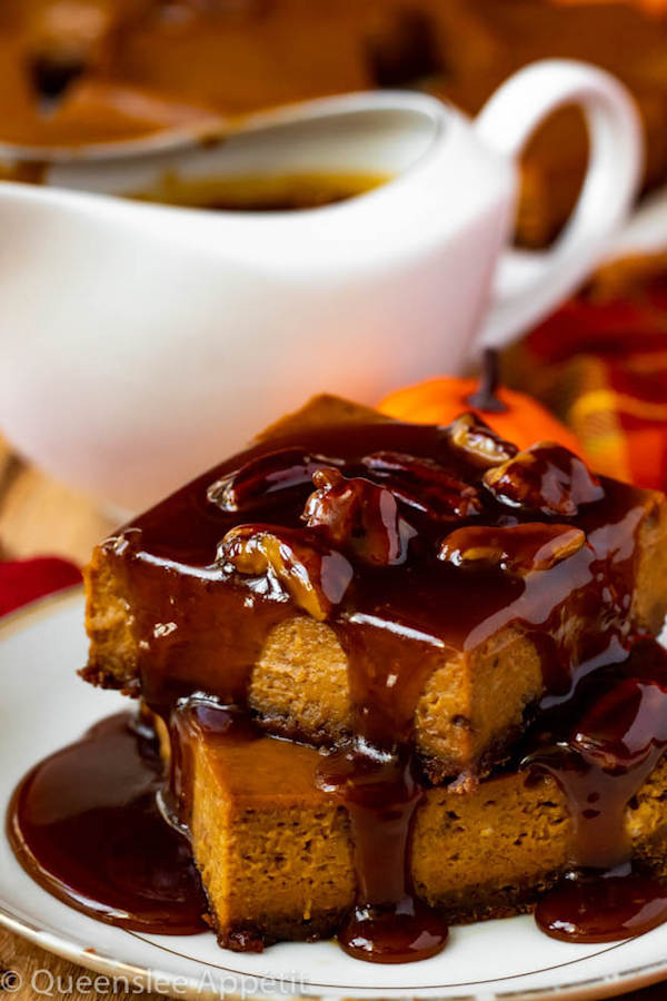 Pumpkin Pie Bars with Maple Pecan Praline Sauce