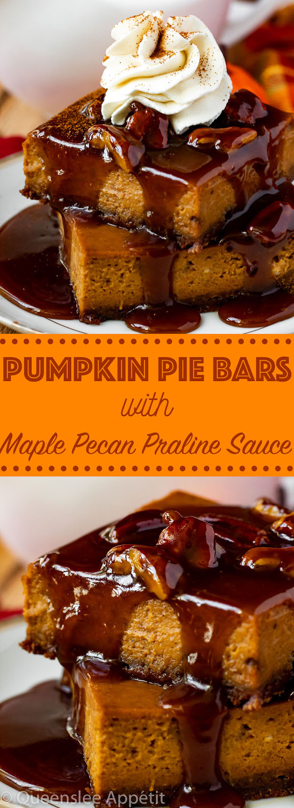 These Pumpkin Pie Bars have a spiced gingersnap crust and are topped with an irresistible Maple Pecan Praline Sauce! These bars are simple, delicious and a perfect dessert for Thanksgiving!