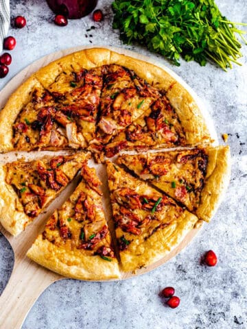 cranberry bbq turkey pizza cut into slices